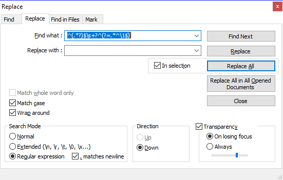 Notepad++ Replace dialogue