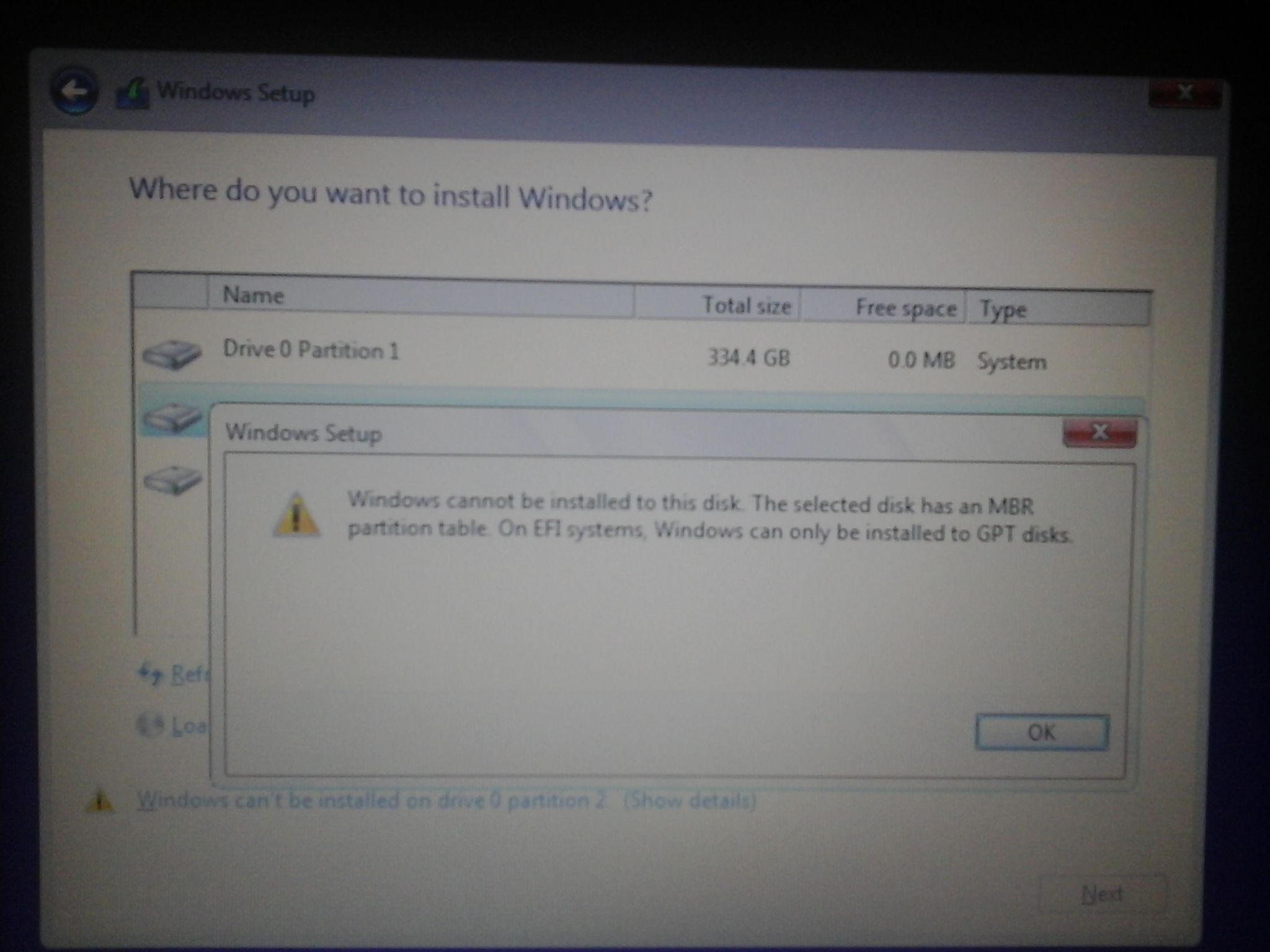 Error for the partition