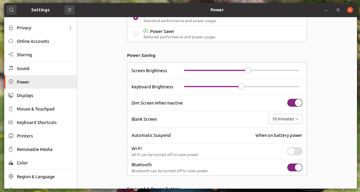 Settings - Power - Keyboard Brightness