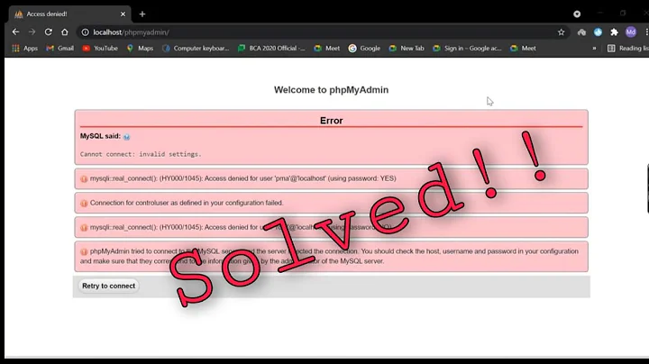 [Solved](HY000/1045): Access denied for user 'pma'@'localhost' (using password: YES) | phpmyadmin