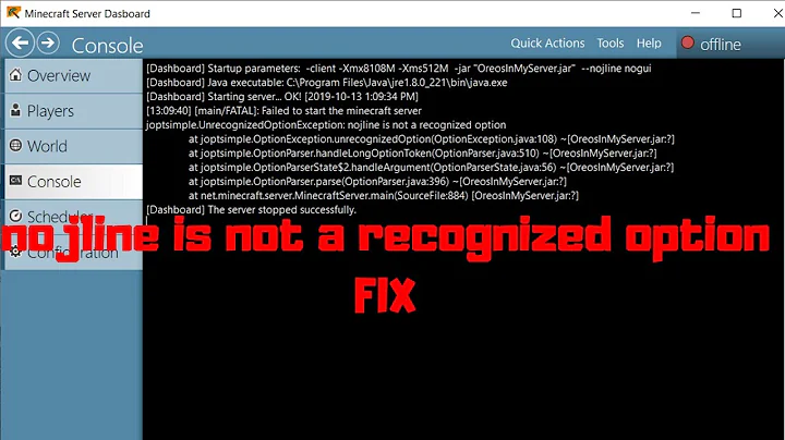 Minecraft Server Dashboard: nojline is not a recognized option